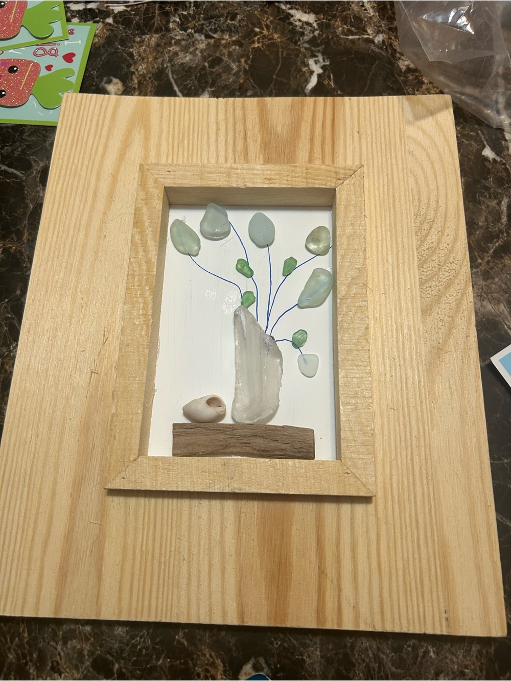Handmade Sea Glass Floral Frame - Natural Wood